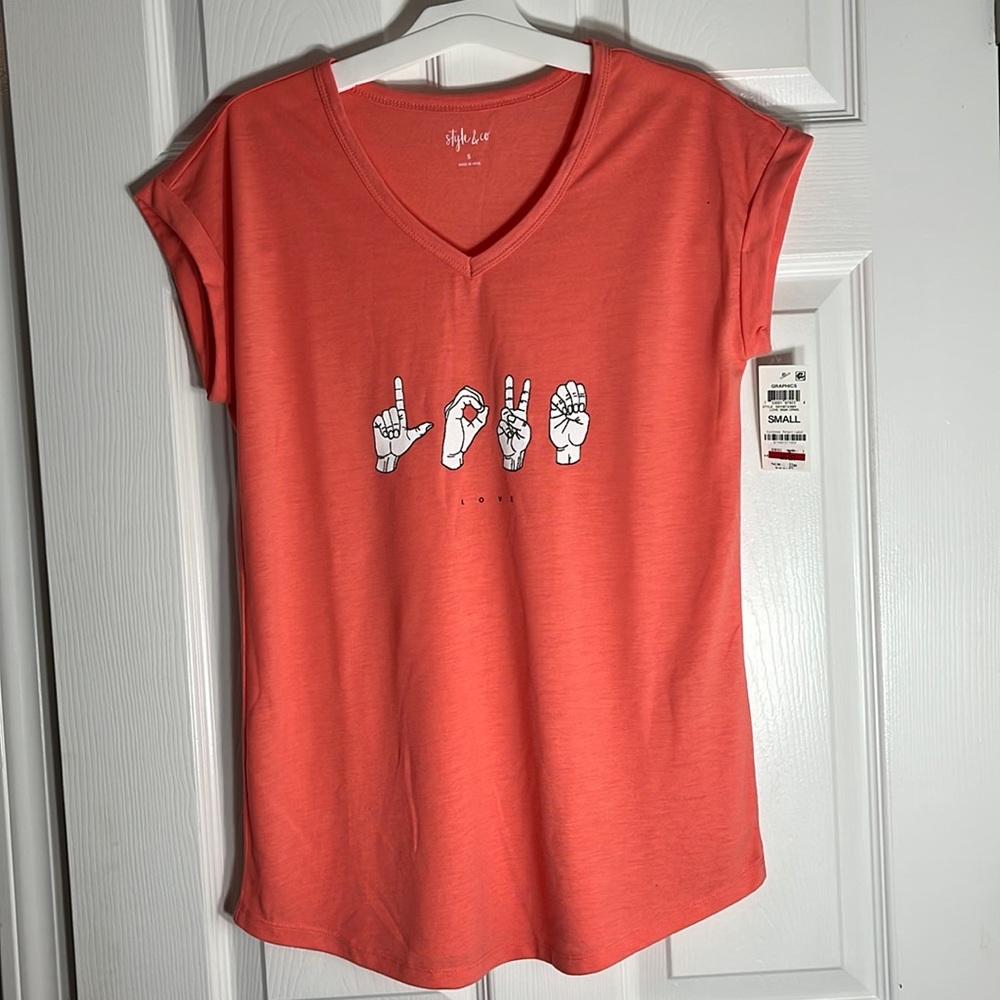 NWT: Style & Co; V Neck, LOVE, Sleeve-Cuffed, Tangerine T-Shirt, Sm